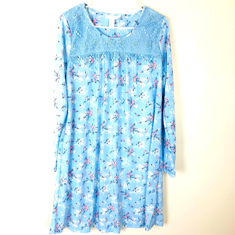 Adonna Blue Floral Nightgown With Lace Trim Long Sleeve Knee Length S